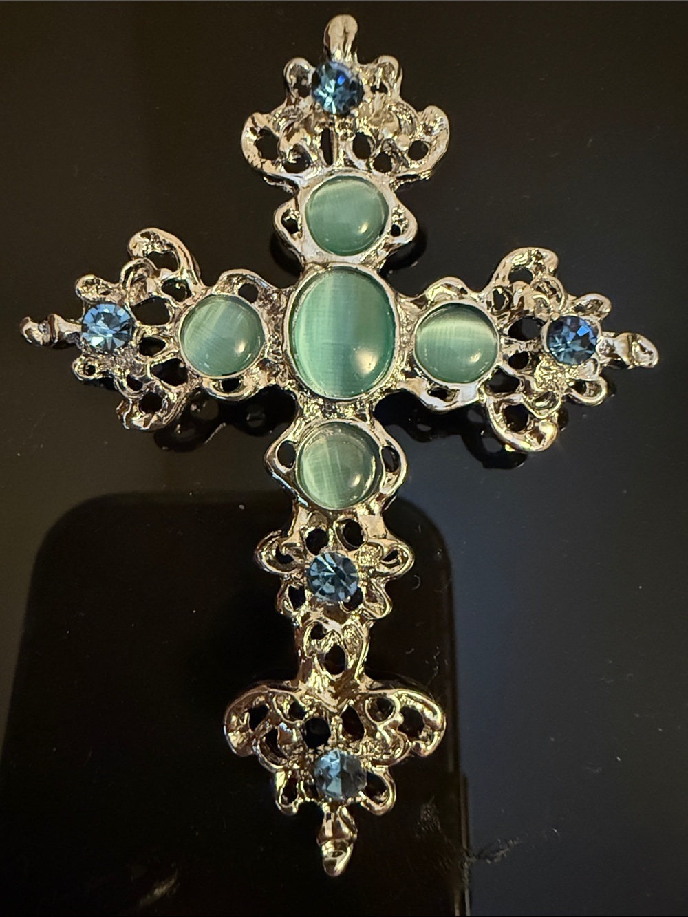 Gold-Tone Cross Pendant with Aqua Cat's Eye and Blue Crystals